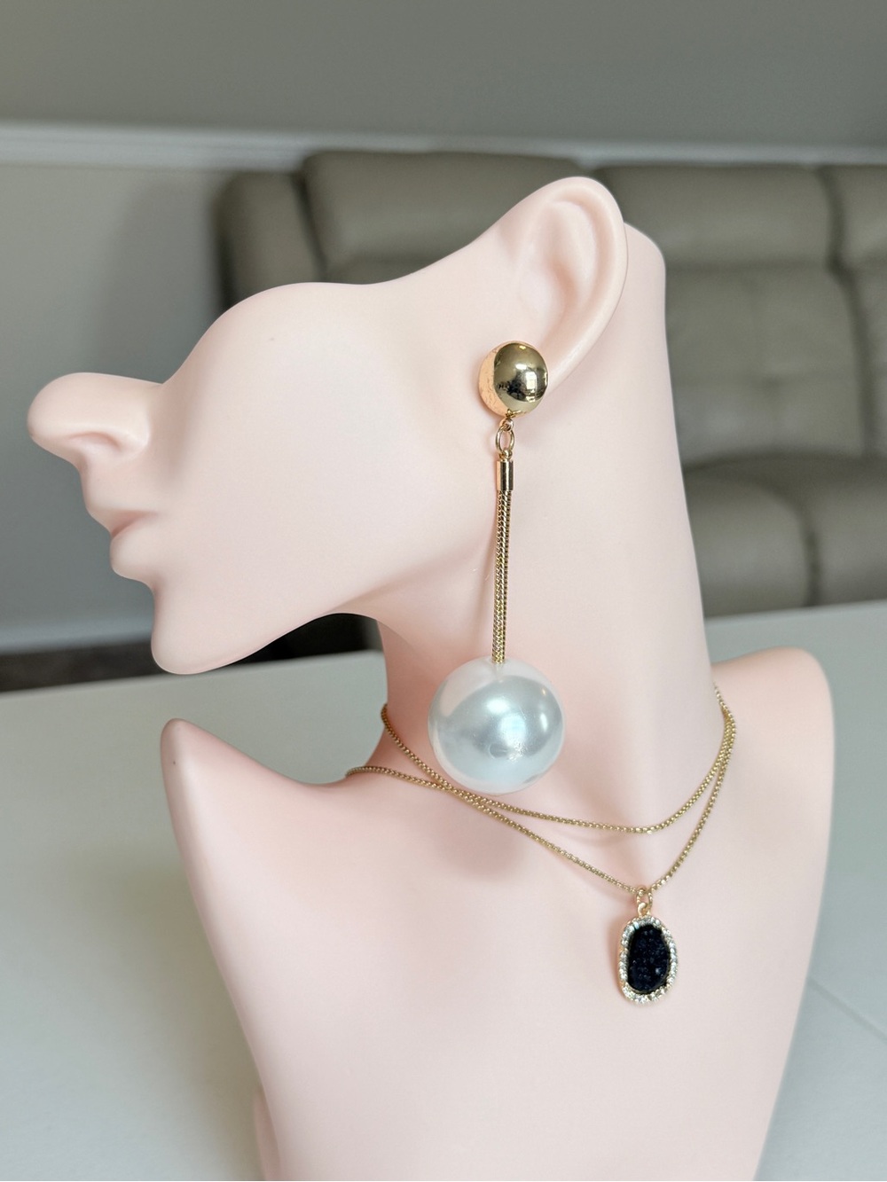 Gold Tone Dangle Earrings with White Pearl